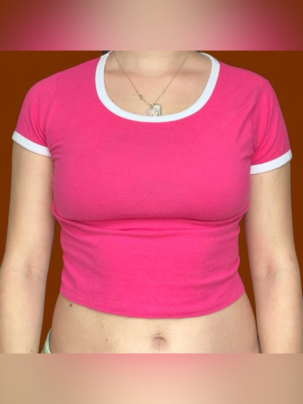 Women's Pink Ringer Crop Top with White Trim